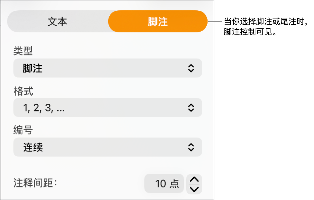 显示“类型”、“格式”、“编号”和“注释间距”等弹出式菜单的“脚注”面板。