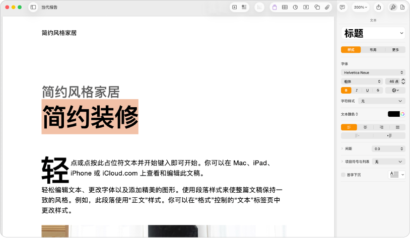 打开的文稿,其中格式边栏已打开,并且文本标签被选中。