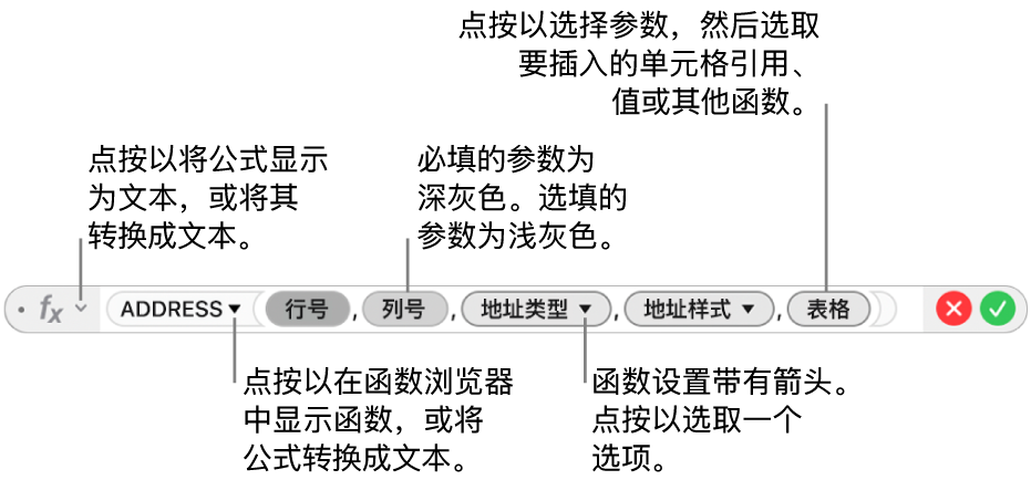 显示 ADDRESS 函数及其参数令牌的公式编辑器。