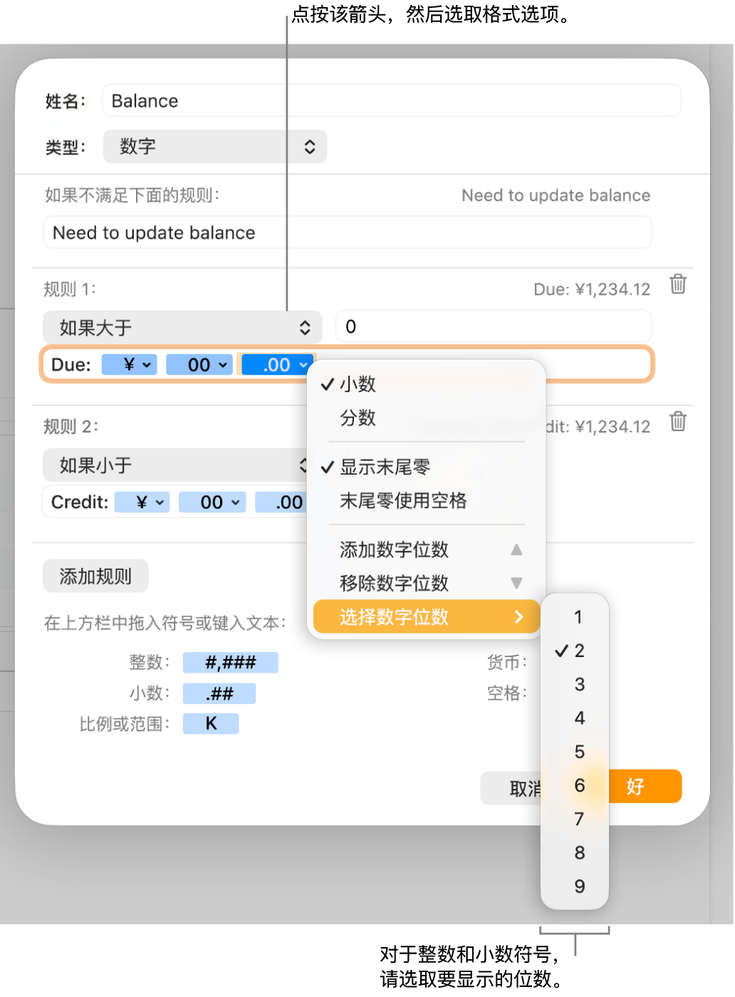 自定义单元格式窗口，带有用于选取自定义格式化选项的控制。