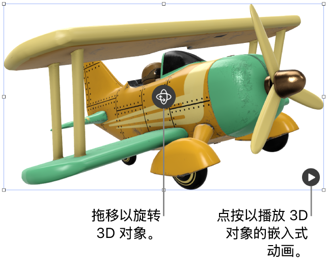3D 对象,中心带有“旋转”按钮,右下角带有“播放”按钮。