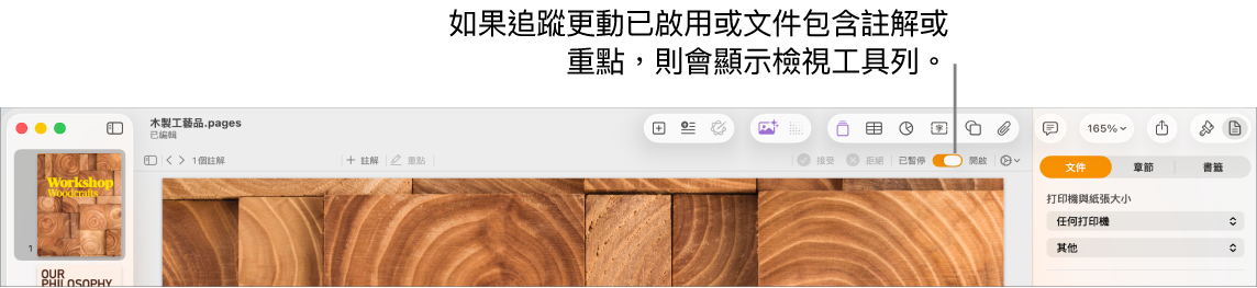 Pages 工具列開啟追蹤變更，其下方是複查工具列。