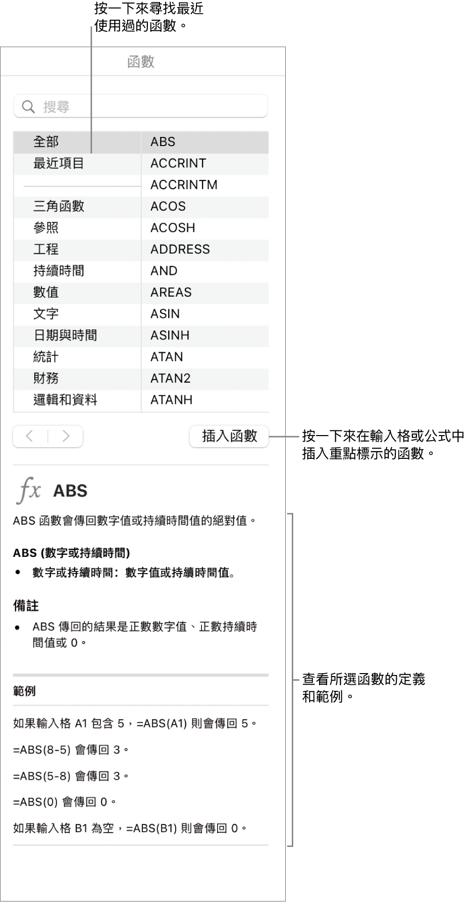 帶有説明文字的「函數瀏覽器」，指出最近使用的函數、「插入函數」按鈕以及函數定義。