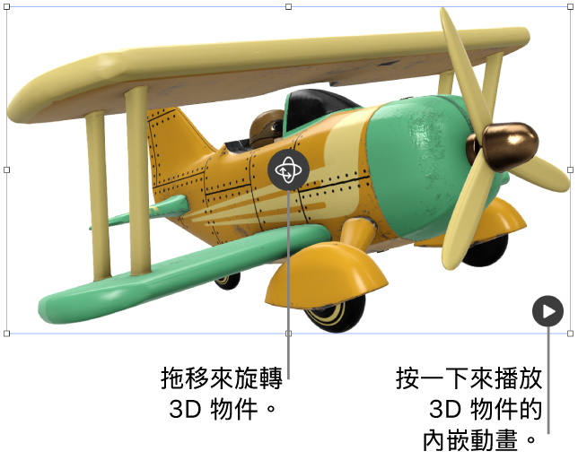 一個 3D 物件的中央有「旋轉」按鈕，有下方有「播放」按鈕。