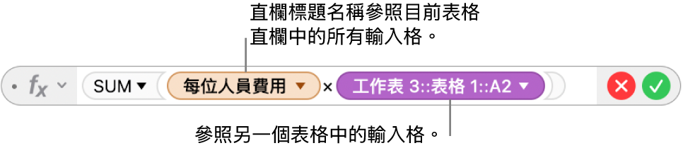 顯示公式的「公式編輯器」,其參照一個表格中的直欄與另一個表格中的輸入格。