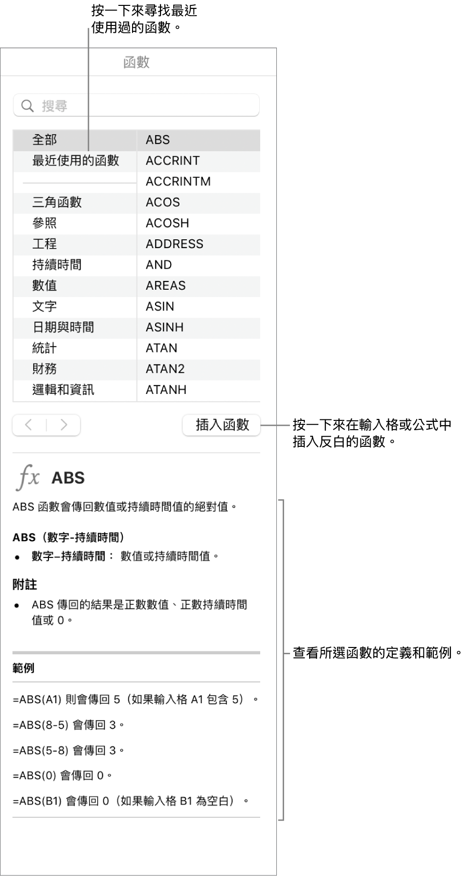 帶有說明文字的「函數瀏覽器」，指出最近使用的函數、「插入函數」按鈕以及函數定義。