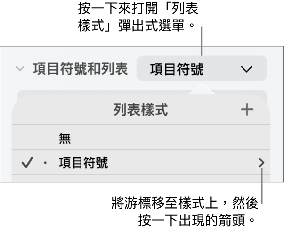「列表樣式」彈出式選單,其中包含一個已選取的樣式,右方有一個箭頭。