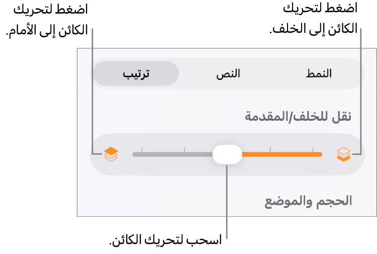 زر تحريك للخلف، وزر تحريك للأمام، وشريط تمرير الطبقة.