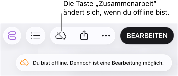 Ein Hinweis auf dem Bildschirm besagt, dass du offline bist, aber weiterhin arbeiten kannst.