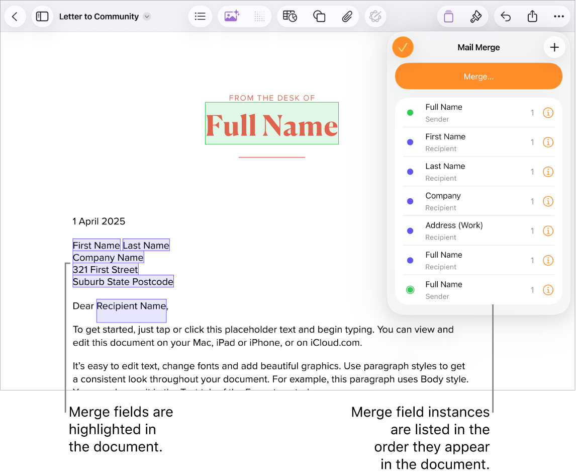 Pages document with recipient address merge fields highlighting the placeholder text that will be replaced, and the merge field instances listed in the Mail Merge menu.