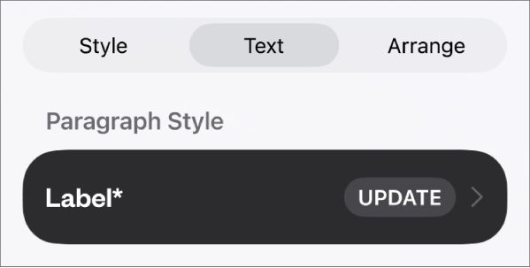 The Body paragraph style with an asterisk next to it and an Update button on the right.