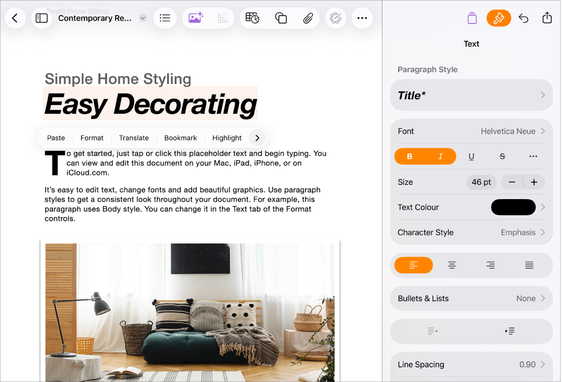 Pages document open with text selected and text formatting options open.