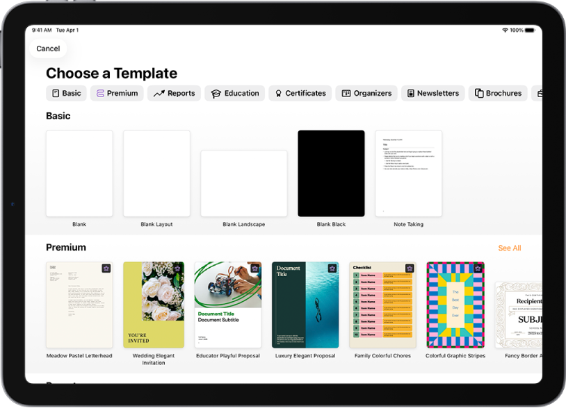 The template chooser, showing a row of categories across the top that you can tap to filter the options. Below are thumbnails of predesigned templates arranged in rows by category, starting with Recents at the top and followed by Basic and Reports. A See All button appears above and to the right of each category row.
