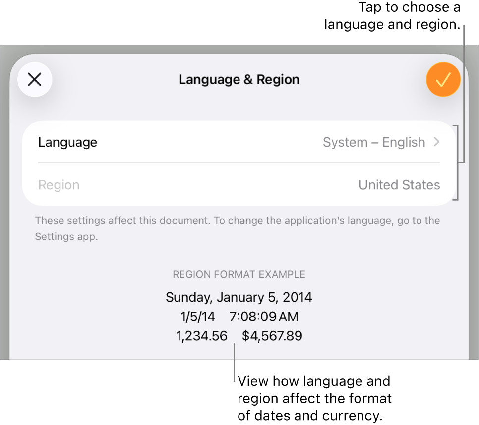 Language and Region pane with controls for language and region, and a format example including date, time, decimal, and currency.