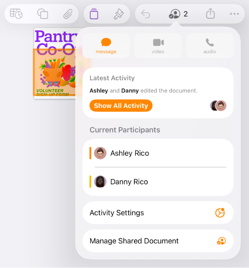 The collaboration menu showing the names of people collaborating on the document.
