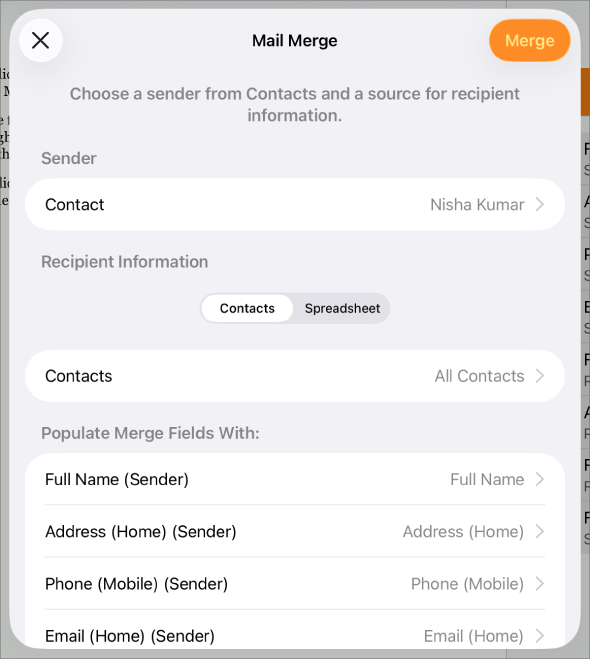 Mail Merge pane open, with options to choose sender information, change the source file or table, preview the merge field names, or merge the document.