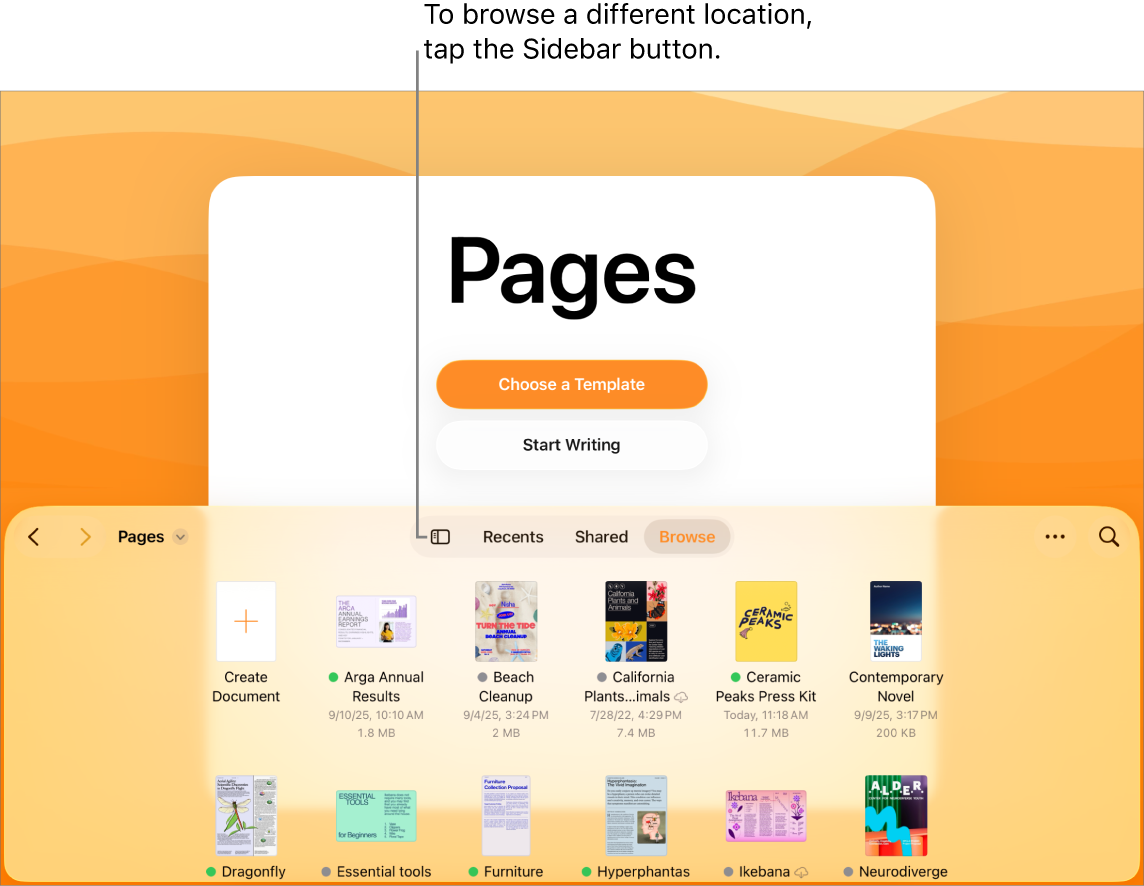 The browse view of the document manager with the Sidebar button in the top-left corner. At the top right are the Add button, the New Folder button, the Icons button (to sort by name, date, size, or tag), the Select button and the Search button. Below these are thumbnails of existing documents.