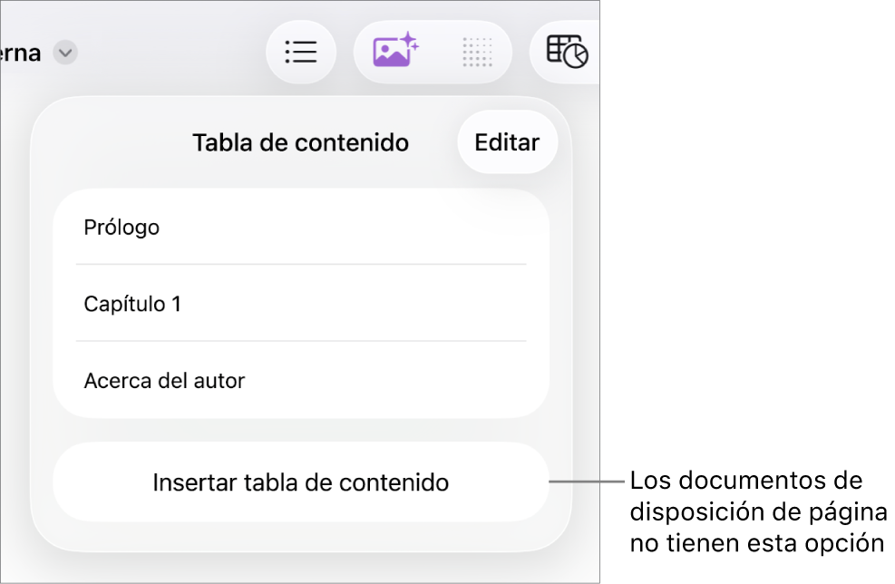La visualización de la tabla de contenido con la opción Editar en la esquina superior derecha, las entradas de la tabla de contenido y el botón Insertar tabla de contenido en la parte inferior.