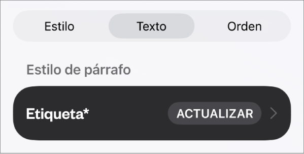 El estilo de párrafo Cuerpo con un asterisco junto a él y un botón Actualizar a la derecha.