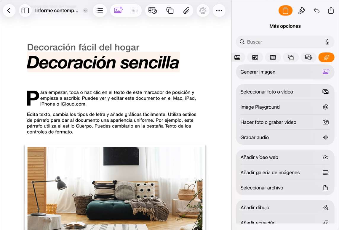Documento de Pages abierto con el menú Insertar y el menú Multimedia abierto.