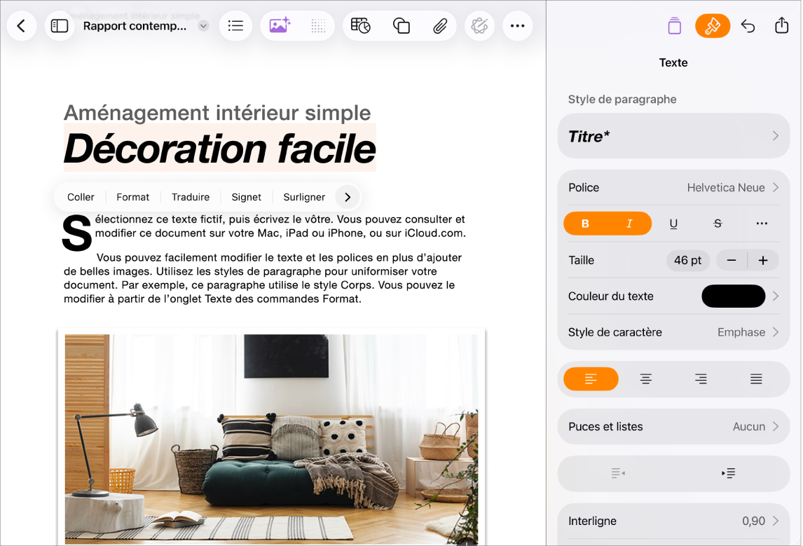 Document Pages ouvert avec le texte sélectionné et les options de mise en forme de texte ouvertes.