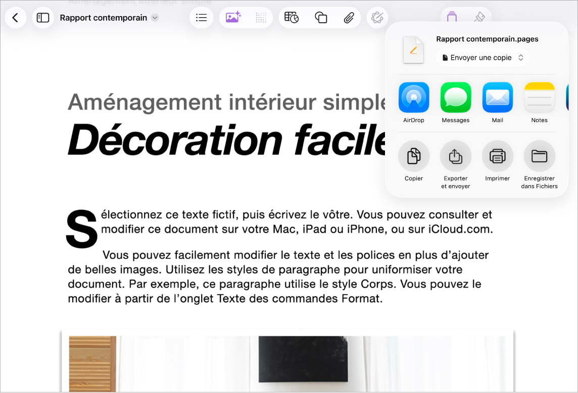 Dans un document de travail, avec les options Partager ou Exporter ouvertes.
