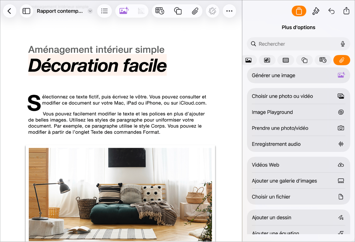 Document Pages ouvert avec le menu Insérer affiché et le menu Multimédia ouvert.