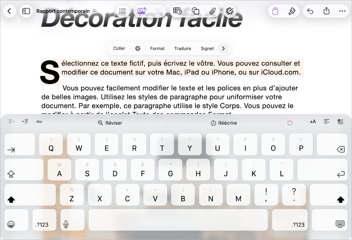 Document Pages ouvert avec texte fictif sélectionné.