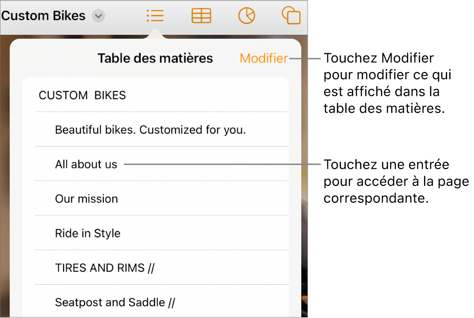 La présentation de la table des matières avec des entrées dans une liste. Le bouton Modifier se trouve dans le coin supérieur droit de la présentation.