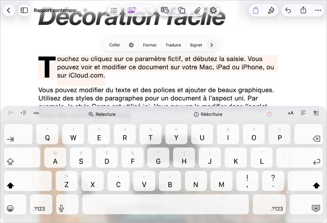 Document Pages ouvert avec du texte de paramètre fictif sélectionné.