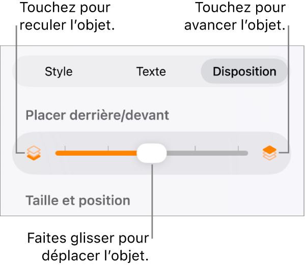Le bouton de déplacement vers l’arrière, le bouton de déplacement vers l’avant et le curseur de superposition.