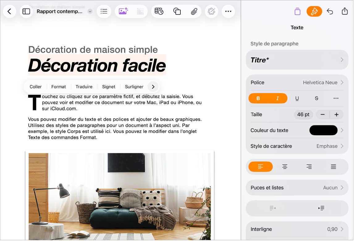 Document Pages ouvert avec du texte sélectionné et des options de mise en forme de texte ouvertes.