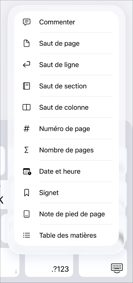 La barre de raccourcis avec les commandes d’insertion ouvertes au-dessus du bouton Insérer.