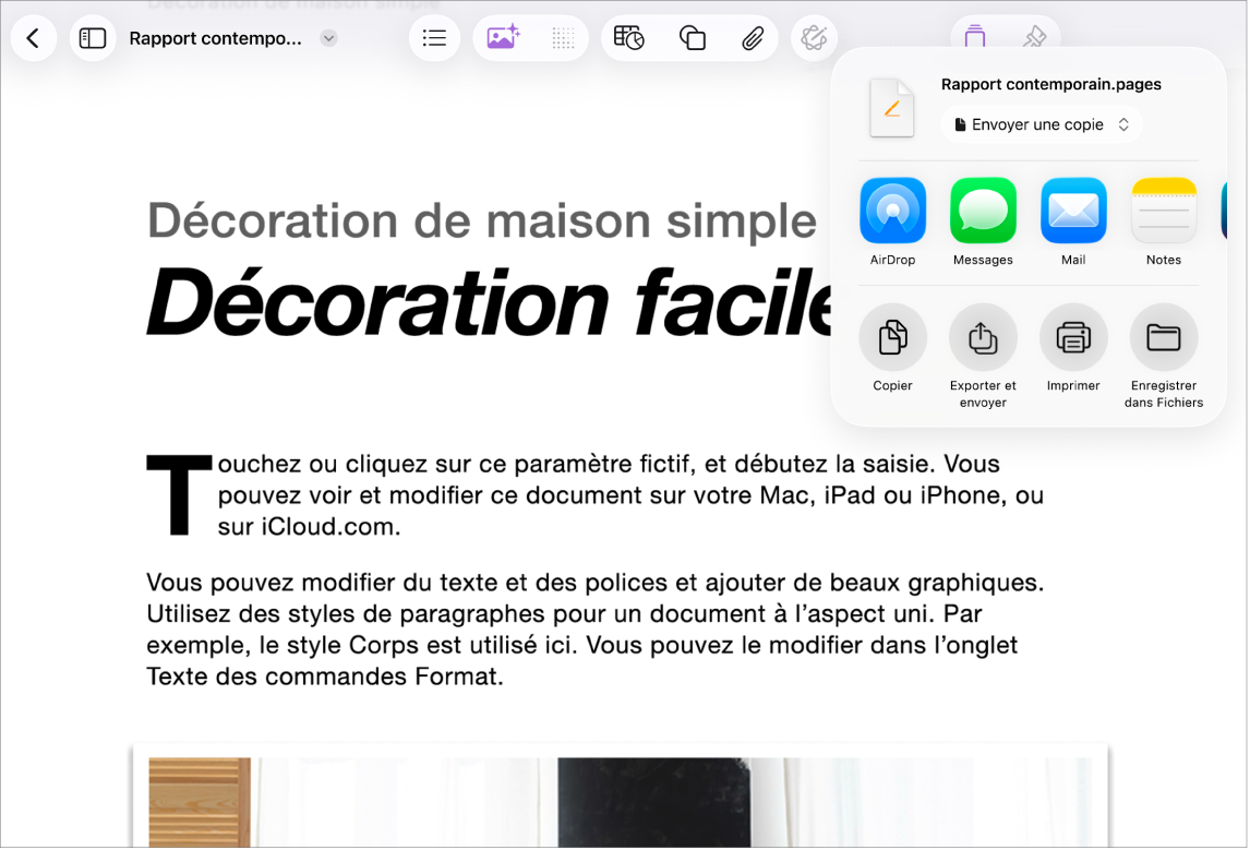 Dans un document de travail, avec les options de partage ou d’exportation ouvertes.