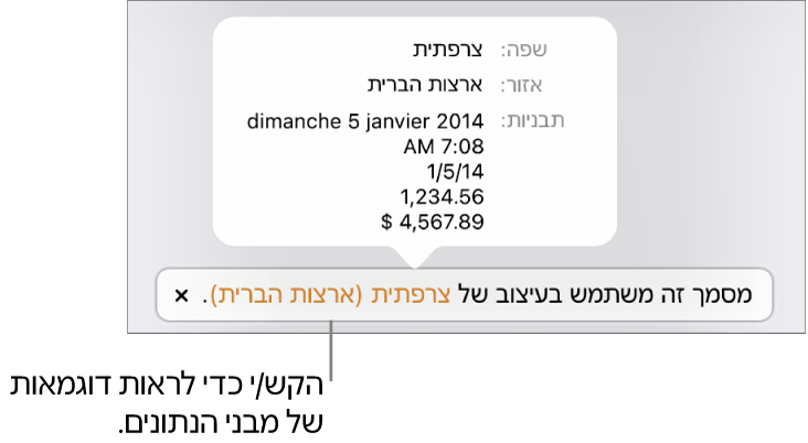 ההודעה לגבי הגדרת השפה והעיצוב השונים, עם דוגמאות של העיצוב בשפה זו ובאזור זה.