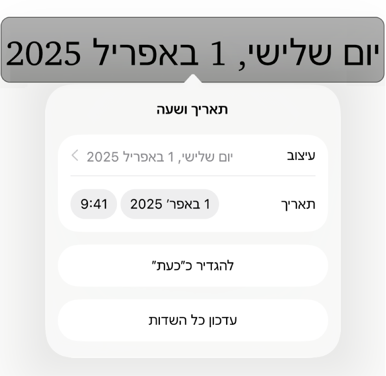 כלי הבקרה של ״תאריך ושעה״ עם תפריט קופצני של מבנה התאריך ועם הכפתורים ״קבע להיום״ ו״עדכן את כל השדות״.