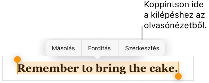Egy kijelölt mondat, amely fölött a Másolás és Szerkesztés gombokat tartalmazó környezetfüggő menü látható.