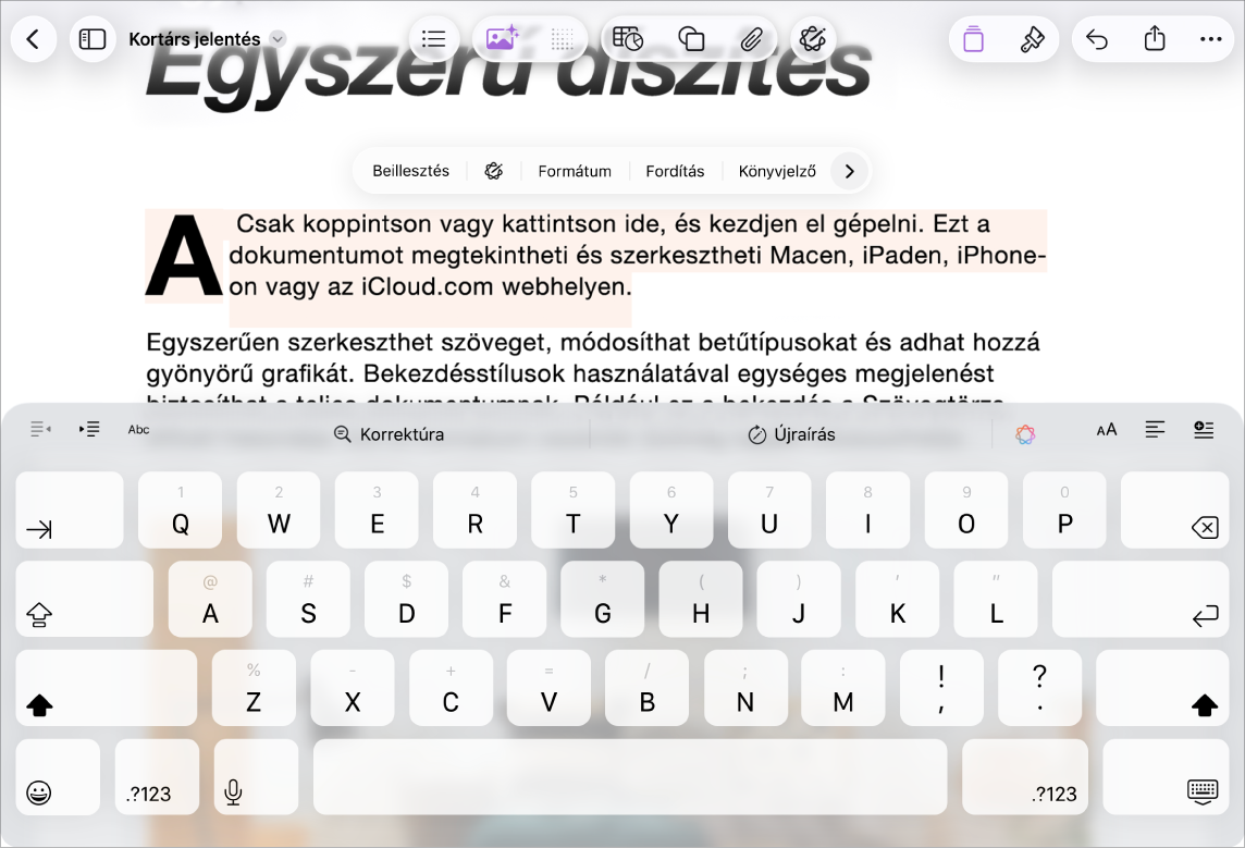 Egy megnyitott Pages-dokumentum kijelölt helyőrző szöveggel.