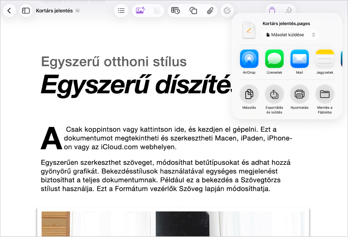 Egy megnyitott dokumentum a Megosztás vagy exportálás menü opcióival.