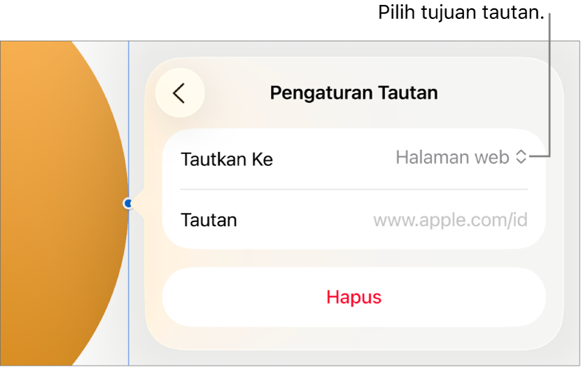 Kontrol Pengaturan Tautan dengan Halaman Web dipilih, dan tombol Hapus di bagian bawah.