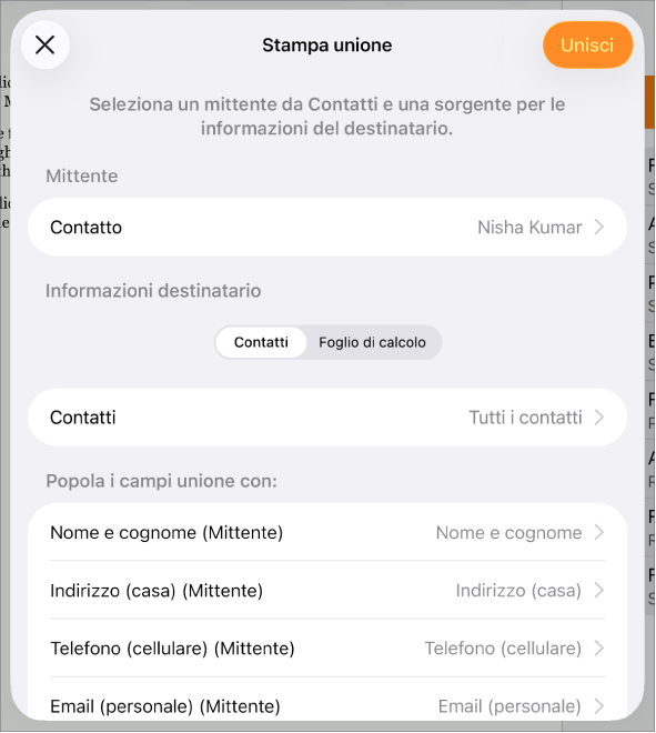 Si apre il pannello “Stampa unione”, con le opzioni per scegliere le informazioni sul mittente, modificare il file o la tabella di origine, visualizzare l’anteprima dei nomi dei campi unione o unire il documento.