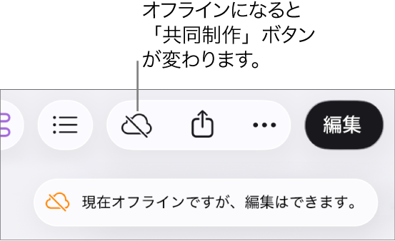 画面上の通知に「オフラインですが、引き続き編集できます」と示されています。