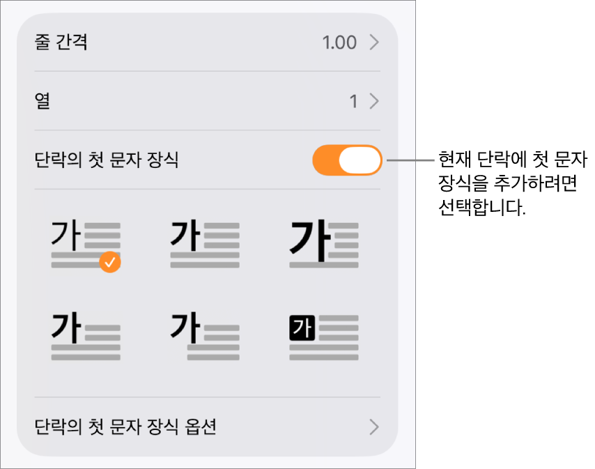 텍스트 메뉴에 위치한 ‘단락의 첫 문자 장식’ 제어기.