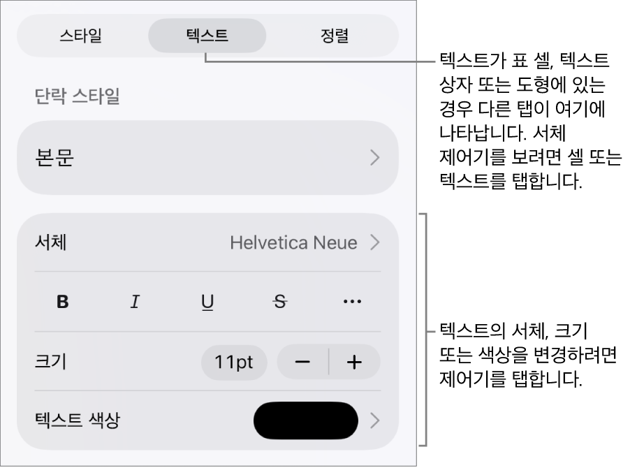 포맷 메뉴에 있는 단락, 문자 스타일, 서체, 크기 및 색상을 설정할 수 있는 텍스트 제어기.