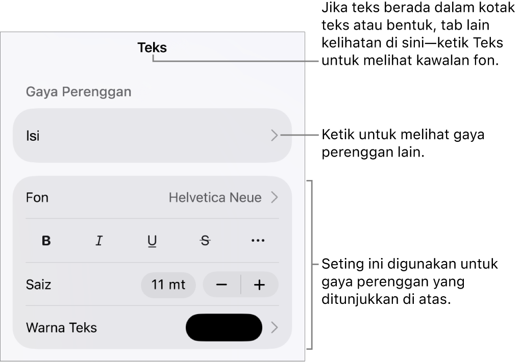 Menu Format menunjukkan kawalan teks untuk mengesetkan perenggan dan gaya, fon, saiz dan warna aksara.