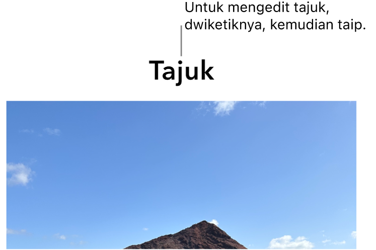 Tajuk ruang letak, “Tajuk”, kelihatan di bawah foto, garis kasar biru di sekeliling medan tajuk menunjukkan ia telah dipilih.