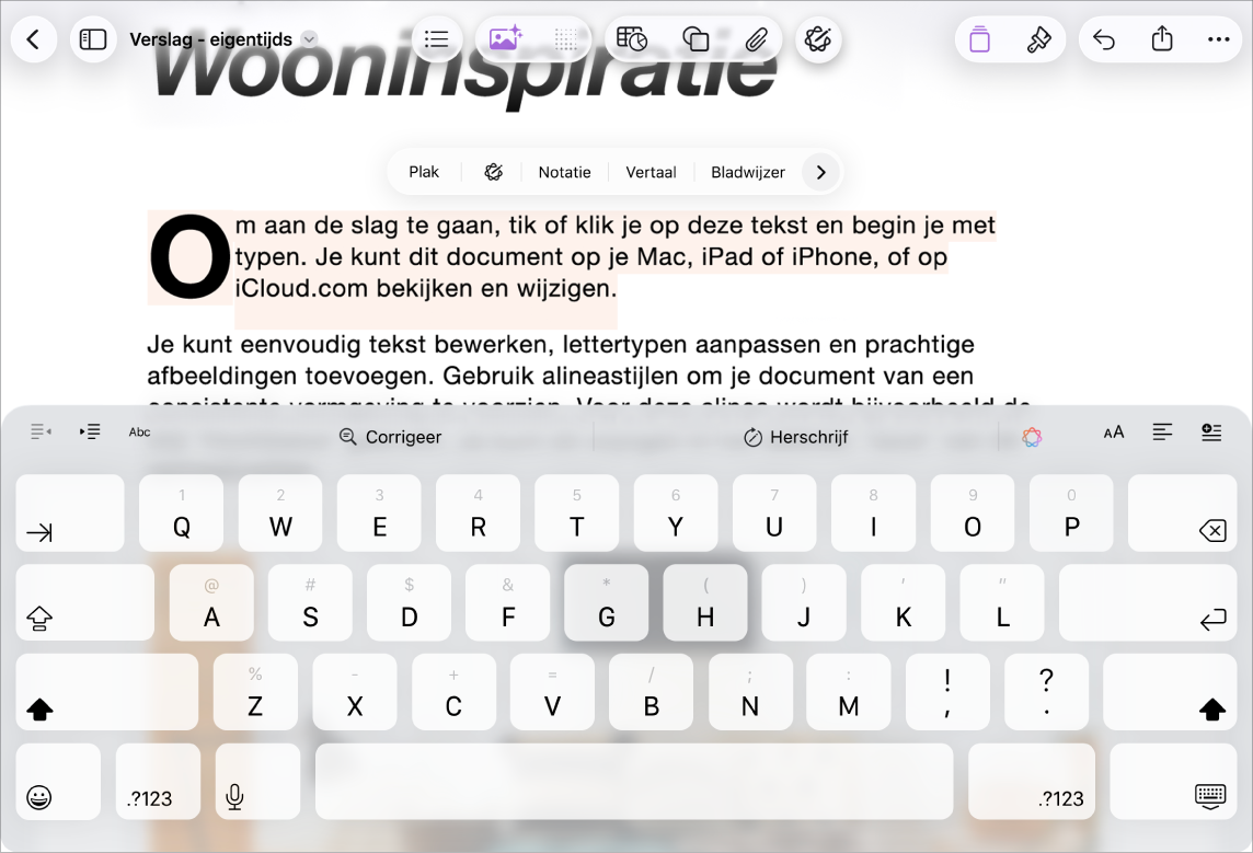 Een geopend Pages-document waarin plaatsaanduidingstekst is geselecteerd.