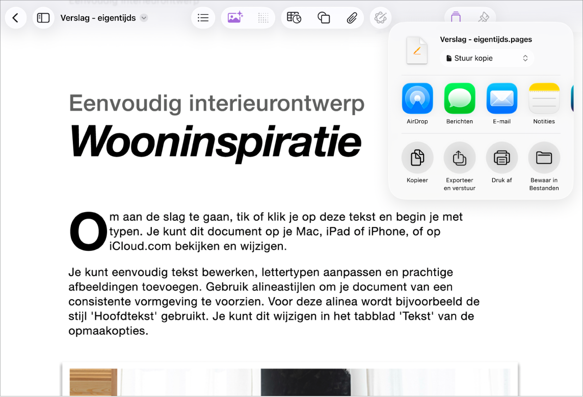 Een werkdocument waarin de opties voor delen en exporteren worden weergegeven.