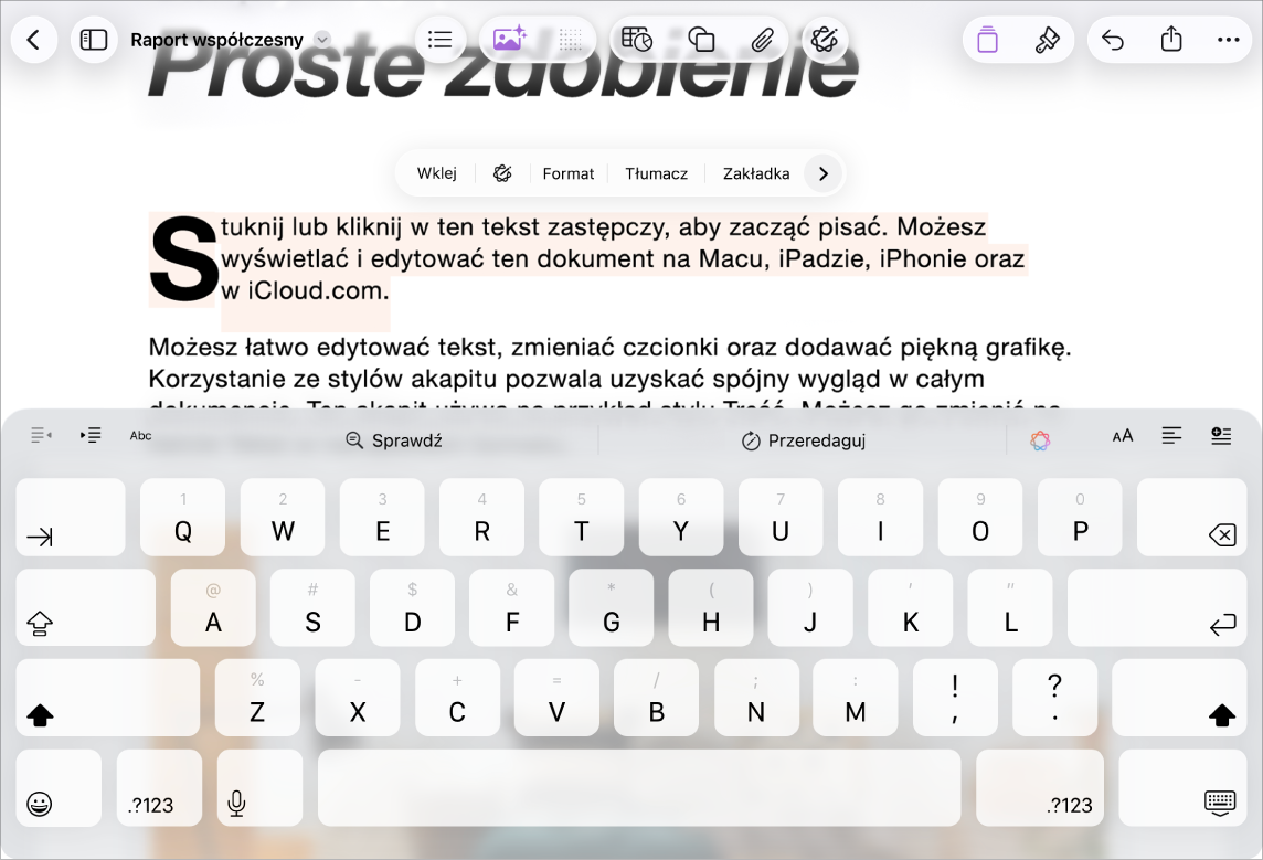 Dokument Pages z zaznaczonym tekstem zastępczym