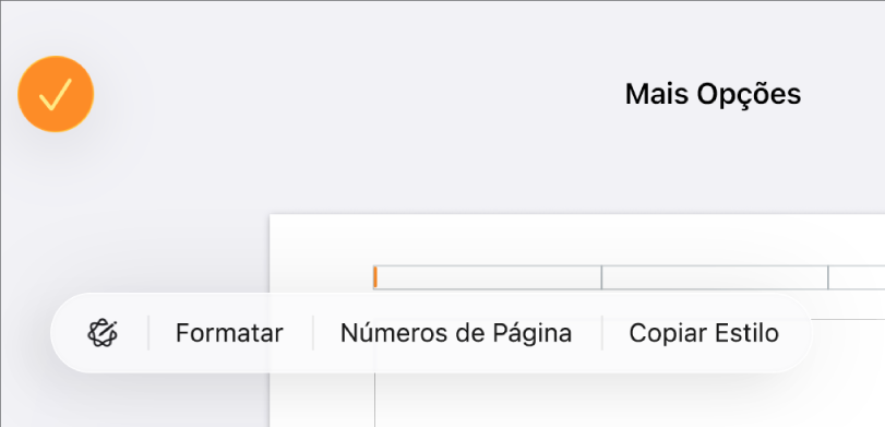 Três campos de cabeçalho com o ponto de inserção no campo central e um menu pop-up mostrando “Números de Página”.